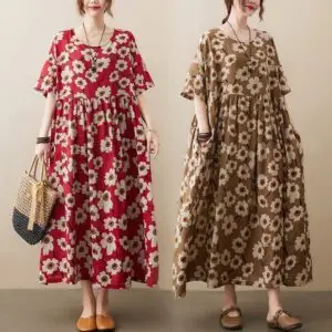Loose Summer Cotton Dress for Women – পকেটসহ ফুল প্রিন্ট মিডি ফ্রক | Comfortable Aged-Friendly Short Sleeve Dress BD